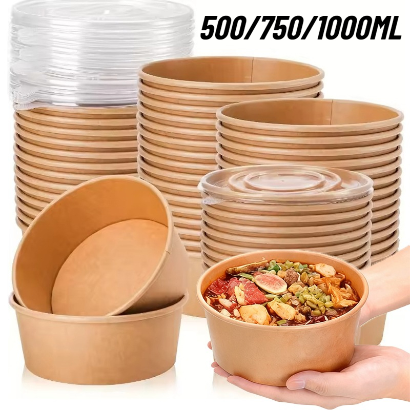 Meal Prep Plan - 10/20PCS กระดาษคราฟท์ชามทรงกลมแบบใช้แล้วทิ้งชามเบนโตะพร้อมฝาปิดกล่องบรรจุภัณฑ์สำหรับเตรียมอาหารในครัวภาชนะบรรจุอาหารทรงกลม
