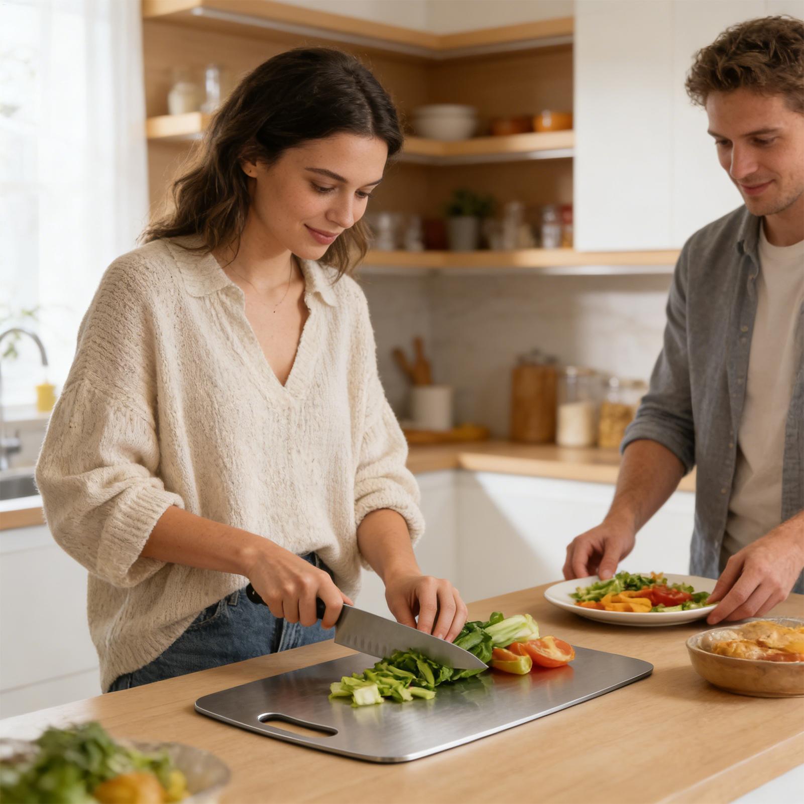 Meal Prep Veggie - เขียงสแตนเลสสองด้าน อุปกรณ์ครัว เขียงหั่นสองด้านสำหรับเตรียมอาหาร ไก่ สเต็ก ผัก
