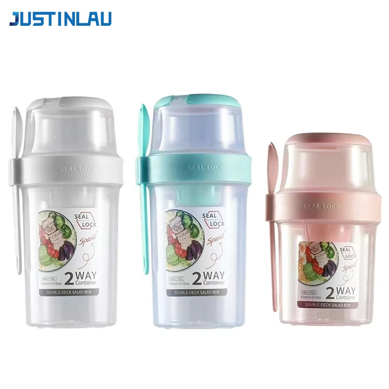 Meal Prep Tupperware - JUSTINLAU ถ้วยสลัดลดน้ำหนักแบบพกพา ถ้วยโยเกิร์ตผลไม้สำหรับอาหารเช้า ฝาปิดพร้อมช้อน กล่องเก็บอาหารสำหรับกิจกรรมกลางแจ้ง กล่องปิคนิค