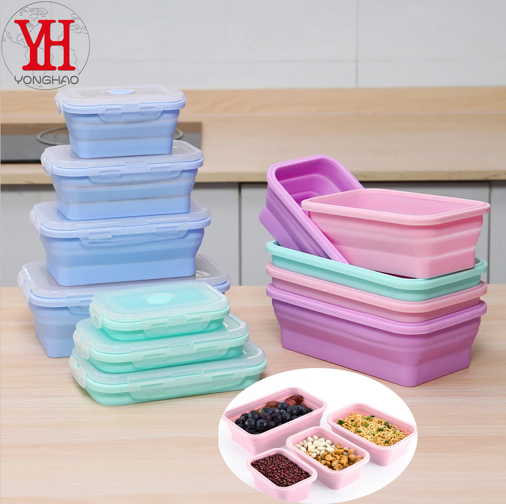 Meal Prep Tupperware - 4 ชิ้น/เซ็ตซิลิโคนสี่เหลี่ยมผืนผ้ากล่องอาหารกลางวันกล่อง Bento พับอาหารชาม 300/500/800/1200ml สําหรับอาหารเย็น
