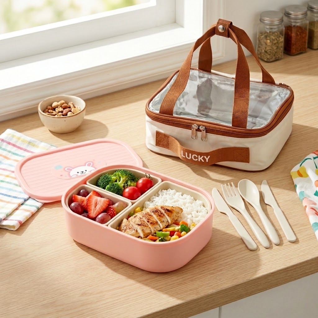 Meal Prep Meal Ideas - กล่องข้าวเบนโตะน่ารักสำหรับเด็ก สำหรับโรงเรียนและสำนักงาน กล่องอาหารพลาสติก 3 ช่อง สามารถเข้าไมโครเวฟได้