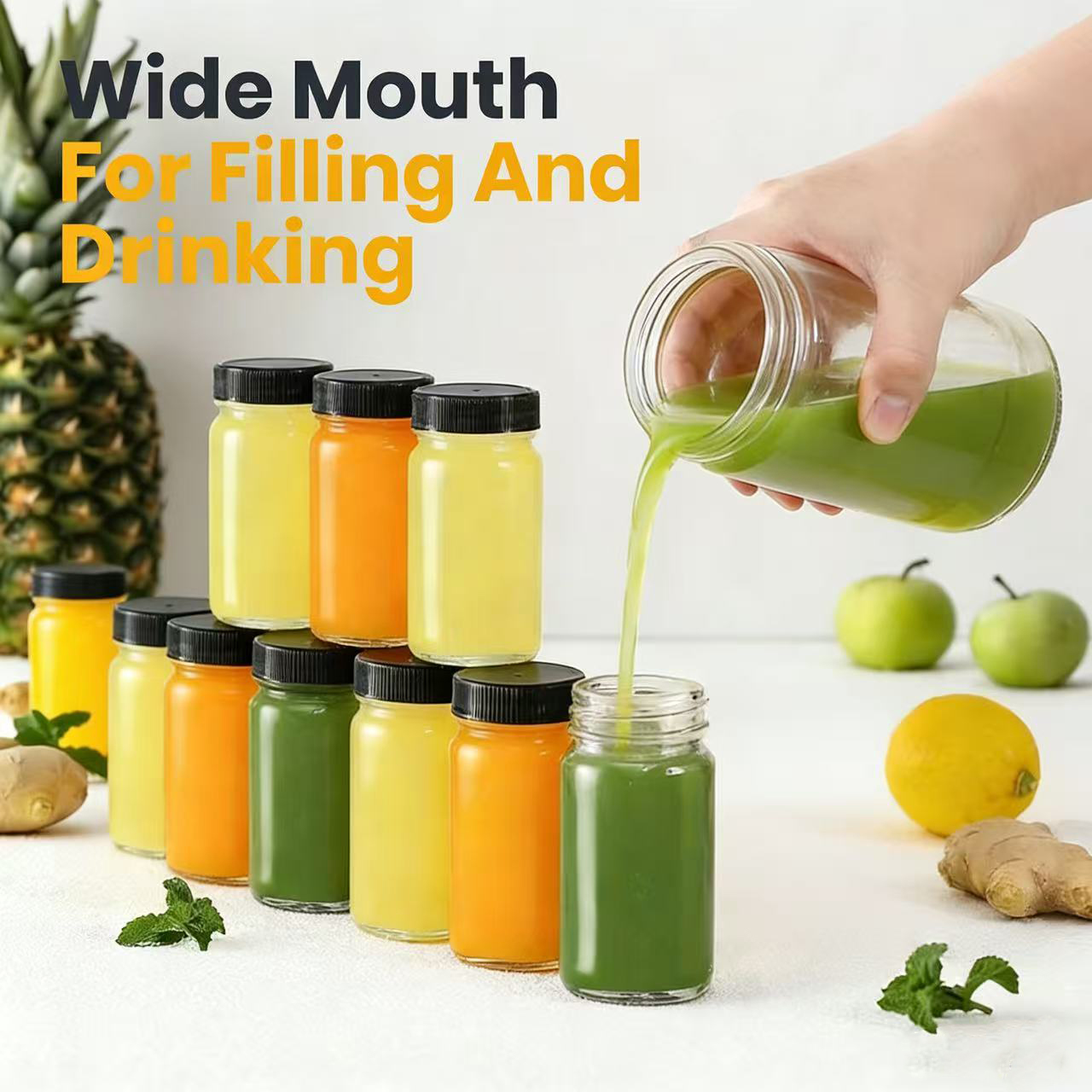 Meal Prep Juice Bottles - 6 ชิ้น 60 มล. ขวดน้ำผลไม้แก้วใสป้องกันการรั่วซึมภาชนะเดินทางแบบพกพาสำหรับทำน้ำผลไม้ทำมิลค์เชคเครื่องดื่มโฮมเมด