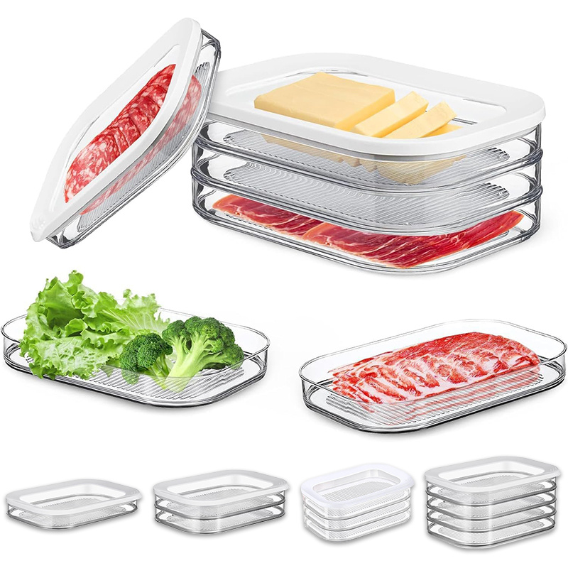 Meal Prep Plan - กล่องเก็บเนื้อสัตว์แบบซ้อนได้สำหรับตู้เย็น ฝาใส สำหรับเก็บเบคอน ชีส อาหารแช่แข็ง -